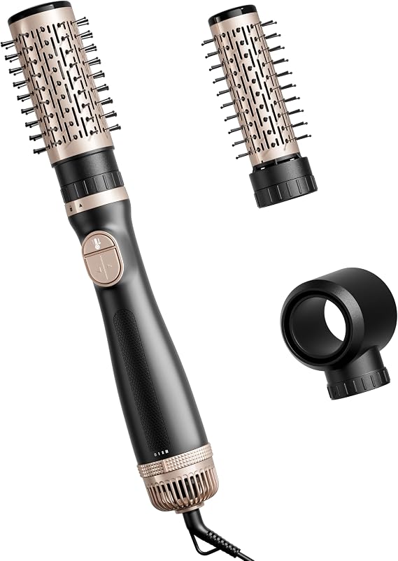 Hair Dryer Brush, 3-in-1 Hot Air Brush 1100W with 3 Heads for Drying Styling Volumizing Curling Sleeking in One Step, 3 Temperatures, Negative Ionic, Ceramic Coating, 360° Rotating, Black Gold