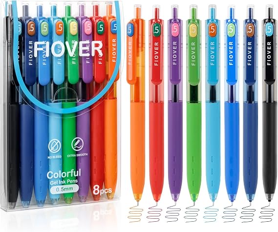 FIOVER Colored Gel Pens, 0.5mm Quick Dry Ink Fine Point Smooth Writing Colorful Pens for Journaling, School Supplies, Gifts for Nurses and Teens, Stocking Stuffers for Women (8PCS)