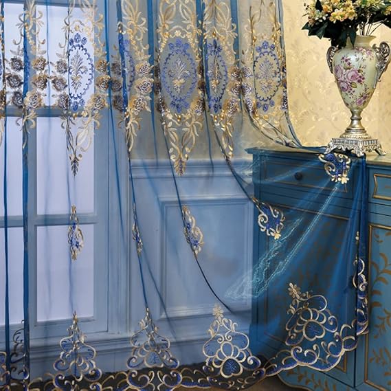 Amidoudou 1 Pair European Jacquard Sheer Curtains for Living Room Bedroom Luxury Embroidered Tulle Curtains (Blue,52x84 Inch)