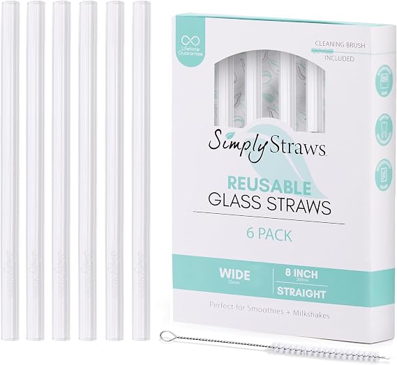 Simply Straws 8 Inch Wide Glass Straws (6-Pack) - 12mm Reusable Boba Straws for Milkshakes & Smoothies, with Cleaning Brush - Dishwasher Safe, Hot & Cold Use, BPA-Free (Air)