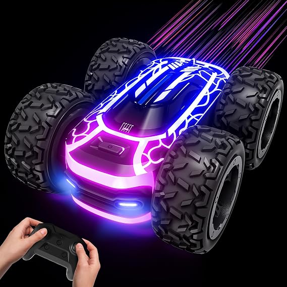 Tecnock Remote Control Car for Boys 4-7, 2.4GHz RC Stunt Car for Kids, 360 Rotating Double Sided RC Cars with LED Lights, Toys Gifts for Boys and Girls