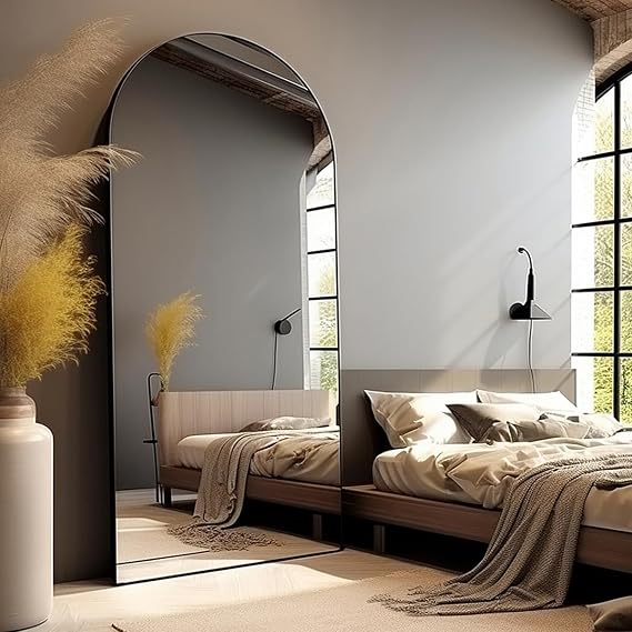 Floor Mirror, Oversized Full Length Mirror, Arched Mirror, Large Standing Mirror, Tall Mirror, Wall Mounted, FreeStanding, Giant Mirror, 77"×38", Aluminum Frame - Black