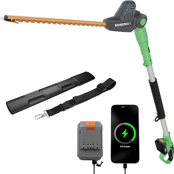 WORKPROX 20V Cordless Pole Hedge Trimmer, 9.2-Ft Reach, 11-Angle Head