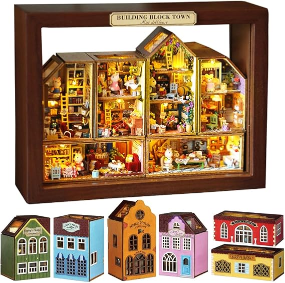 DIY House Craft Kits, Cute Rabbit Doll Houses Miniature Building Kits with Furniture Dollhouse for Birthday Gifts DIY House Kit Creative Room Miniature (Small Town 6 Piece Set)