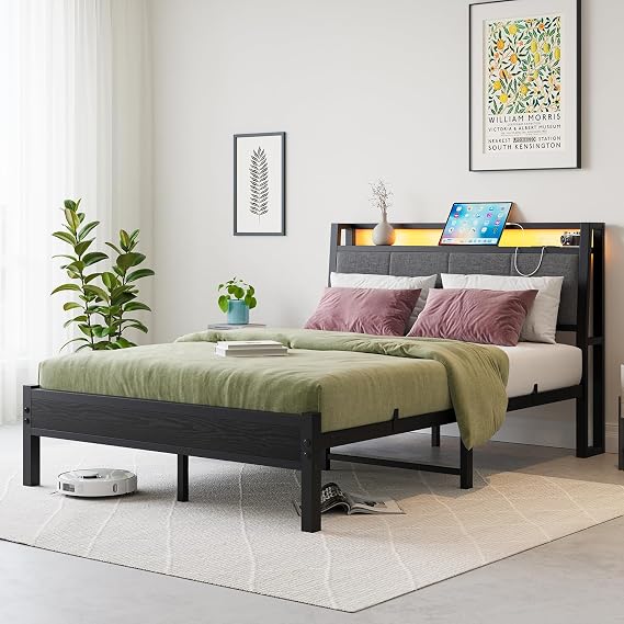 Double Bed Frame, 4FT6 Bed Frame Ergonomics Double with Charging Station and LED Lights, Heavy Duty Platform Full Bed with Fabric Storage Sloped Headboard, No Box Spring Needed, (Black)