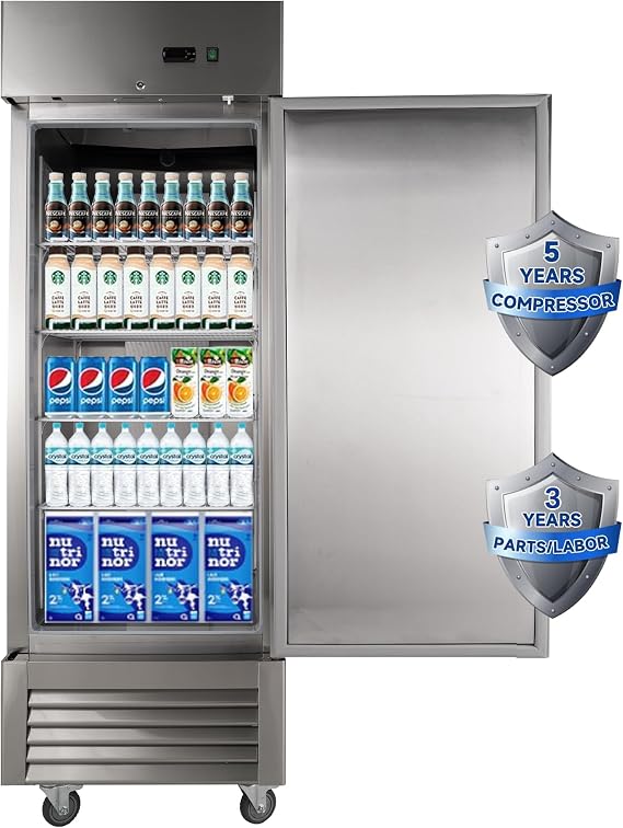 JINSONG 27" Commercial Refrigerator with Single Solid Door, 23 cu.ft Stainless Steel Reach-in Refrigerator for Restaurant, Bar, Shop, Residential