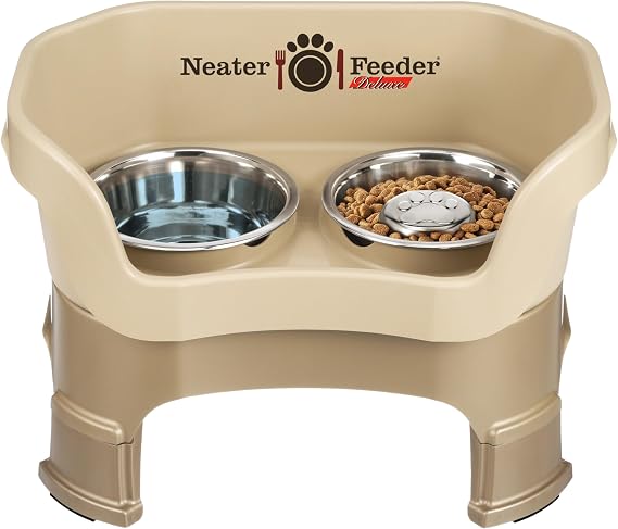 Neater Feeder Deluxe Mess-Proof Elevated Dog Bowls for Medium Dogs (1940 lbs), 2 Height Adjustable (10 & 12.5) No-Spill Raised Dog Bowl Stand w/Slow Feed Bowl for Food, Made in USA, Cappuccino