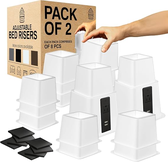 Home Intuition Heavy Duty Adjustable Bed Risers Furniture Riser 3, 5 or 8-Inch, 2 Pack, 16 Pieces Set (White W/USB)