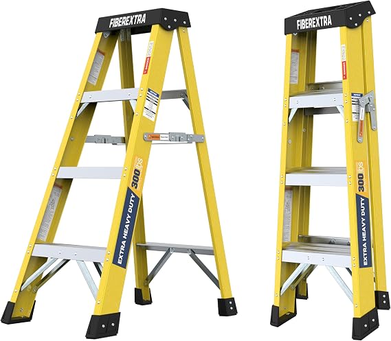 Yellow Fiberglass Ladder, 4-Foot Step Ladders, 330 lb Load Capacity, Single Side Step Ladders for Home, Tall Folding Ladder, Aluminum Slip-Resistant Steps