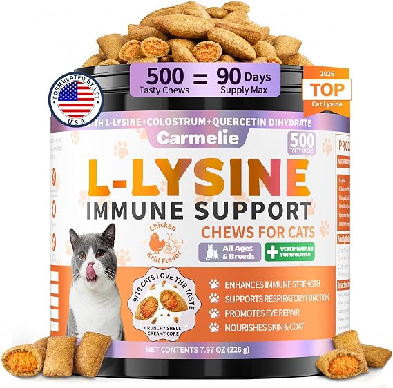 Lysine for Cats Treats for Immune Support with Colostrum, Omega-3, 500ct