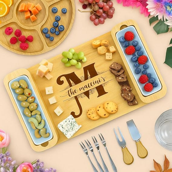 Personalized Charcuterie Boards Gift Set, Custom Engraved Wood Cheese Tray