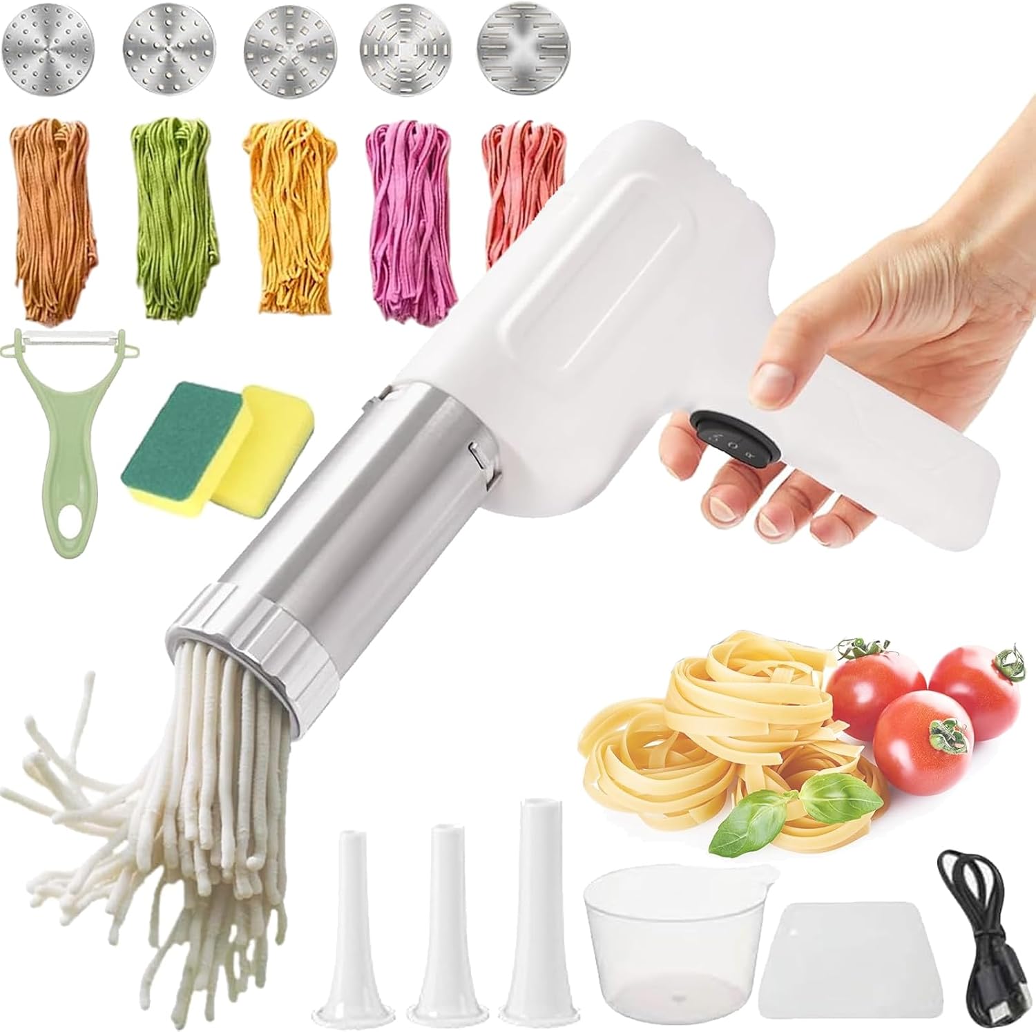 Idiyappam Maker Electric, 2025 New Handheld Pasta Maker Machine, 5 Molds  Enema, All-In-One Wireless Homemade Noodle Machine, for Making Spaghetti, Linguine, Etc White