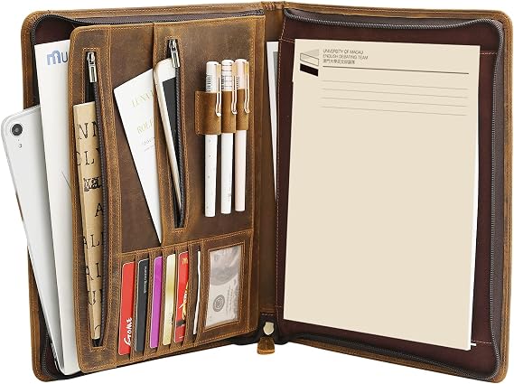 Ringsun Leather Portfolio Organizer with Zipper for Men Women, Leather Padfolio Business Resume Legal Pad Portfolio Notebook Binder for A4/Pad, Brown