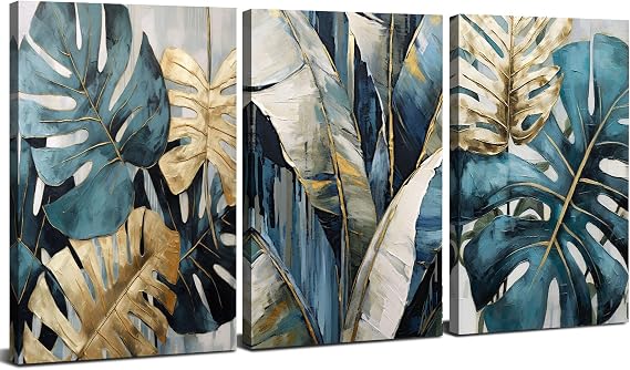 Abstract Set of 3 Wall Art Gold Wall Decor Botanical Prints Boho Wall Art Teal Green Leaf Pictures Turquoise Tropical Leaves Plants Paintings Modern Living Room Bathroom Home Decorations 30x40cm
