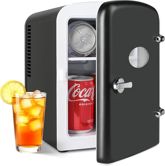 YSSOA 4L/6 Can Portable Mini Fridge with Observation Window, Compact Cooler & Warmer Freon-Free Small Refrigerator, for Skincare, Beverage, Food, Cosmetics, Black