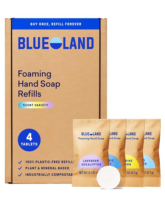 BLUELAND Foaming Hand Soap Refill Tablets, 4-Pack, Variety Scents | 100% Plastic-Free Tablet, Plant & Mineral-Based, Hypoallergenic, EPA Safer Choice, Safe for Sensitive Skin