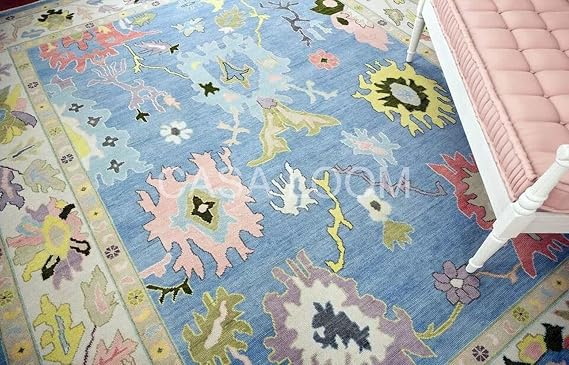 Hand Tufted Oushak Wool Area Rug Vintage Turkish Traditional Floral Medallion Design, Soft Pastel Boho Carpet for Living Room, Bedroom, Entryway Decor (Sky Blue, 9' x 12')
