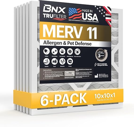 BNX TruFilter 10x10x1 Air Filter MERV 11 (4-Pack) - MADE IN USA - Allergen Defense Electrostatic Pleated Air Conditioner HVAC AC Furnace Filters for Allergies, Dust, Pet, Smoke, Allergy MPR 1200 FPR 7