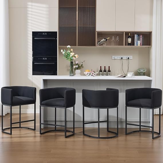 Canxkun Counter Height Bar Stools Set of 4, 25" H Modern Barstools with Backrest, Barrel Counter Stools with Metal Frames, Linen Fabric Upholstered Bar Stool for Kitchen Island, Pub, Cafe (Black)
