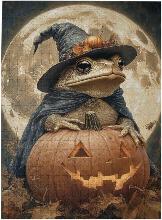 Wizard Toad 500 Pieces Adult Wooden Jigsaw Puzzle with Blue-Robed Toad On Carved Pumpkin Wearing Intricate Hat Under Large Luminous Moon,Relax and Enjoy The Fun of Solving Puzzle