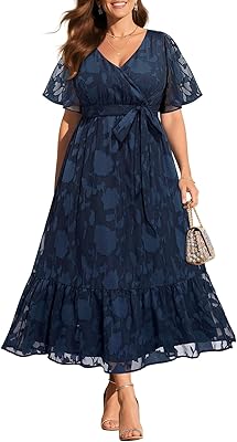 Pinup Fashion Plus Size Dresses for Wedding Guest - 2025 Cocktail Semi Formal Summer Wrap V Neck Maxi Dress
