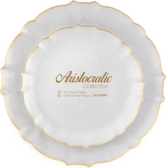 PLASTICPRO 24 Piece Aristocratic Combo Plastic Dinner Plates Disposable Plastic Fancy Heavy Duty Party Dishes 12, 7'' inch and 12, 10'' inch, Pearl White With Gold Rim