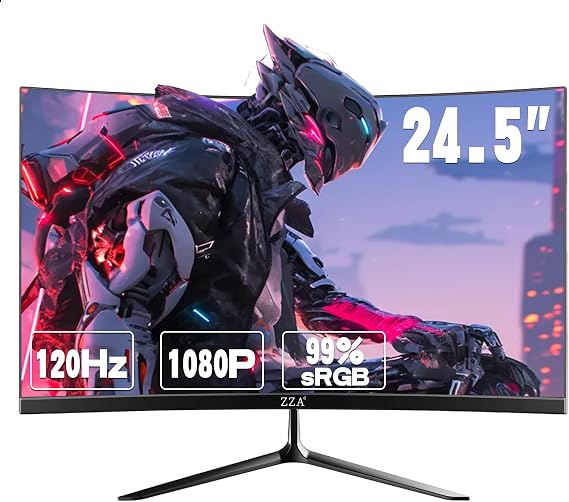 ZZA 24.5 Inch FHD (1920x1080) 120Hz Curved Gaming Monitor, 3000R Curvature VA Panel, 1ms MPRT, AMD FreeSync, Ultra-Thin Bezel, Eye Care, for Esports,PC