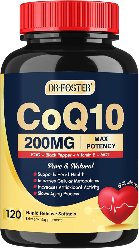 DRFOSTER CoQ10 200mg Softgels with PQQ & Vitamin E, 120 Servings | 6X High Absorption Coenzyme Q10 Supplement with Black Pepper Extract, Supports Heart Health and Energy Production