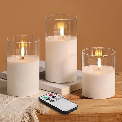 Eywamage Clear Ribbed Glass Flameless Candles with Remote, Flickering LED Pillar Candles Real Wax, Set of 3