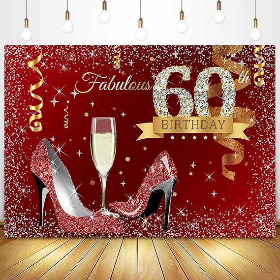 7x5ft Happy 60th Birthday Backdrop Red Glitter High Heels Gold Confetti Photography Background Silver Dots Women Fabulous 60th Birthday Party Decorations Banner Supplies Photo Studio Props