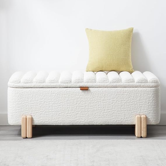 Kmax 45" Storage Bench Faux Fur Entryway Bench Upholstered Ottoman Bench with Wavy Top & Safty Hinge for Bedroom Living Room Hallway, White