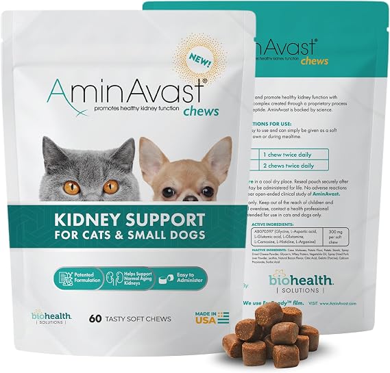 AminAvast Kidney Support Soft Chews for Cats & Small Dogs, 300 mg, 60 Count | Main Ingredients, AB070597 Amino Acid and Peptide Complex, USA Manufactured, Hydration Support, Older Cats, Daily Soft Chews