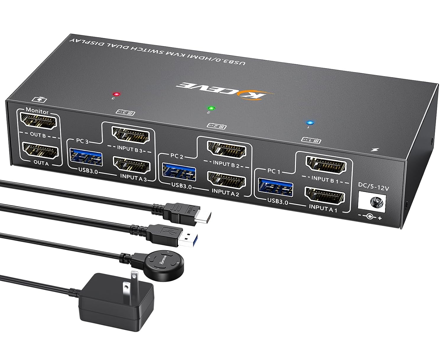 KVM Switch 2 Monitors 3 Computers 4K@60Hz,HDMI USB3.0 KVM Switches with 4 USB 3.0 Port,Wired Remote,Power Adapter and USB3.0 Cables Included4K 3 PC 2 Monitor KVM