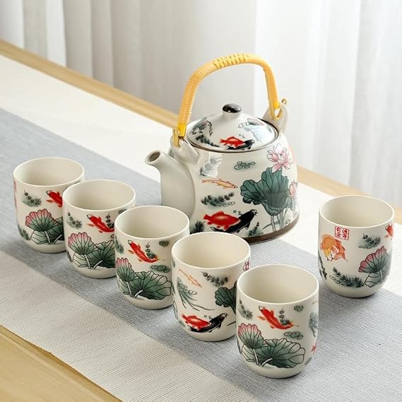 27oz Large Teapot Set Ceramic Tea Maker with Stainless Steel Infuser for Loose Leaf Tea or Bags Tilting Pot Floral Tea Kettle with 6pcs Cups (Lotus)
