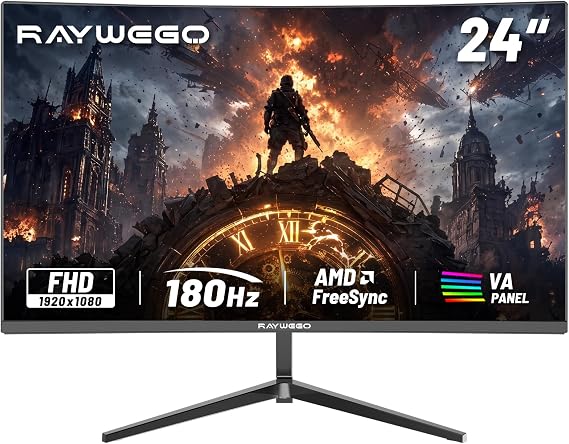 Raywego 24 inch Flat Gaming Monitor Full HD 1920x1080, 180Hz,1ms, Adaptive-Sync, Eye-Care Technology,HDMI, DisplayPort, HDMI*1/DP*1/USB*1, 3-Side Virtually Borderless Design,Support Wall Mount Install | 99% sRGB, HDR, Adaptive-Sync, eye care, HDMI/DP, VESA support, and 3-side borderless design