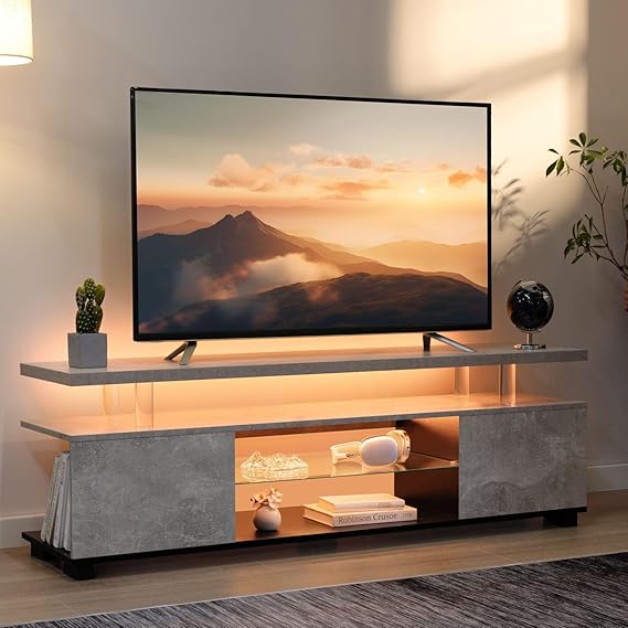 Cubehom Grey TV Stand for 60" TV, LED Entertainment Center with Storage