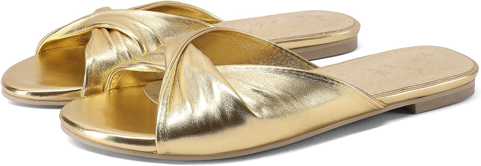 Women's Flat Sandals Crisscross Wide Welt Metallic Slingback Flats Slippers