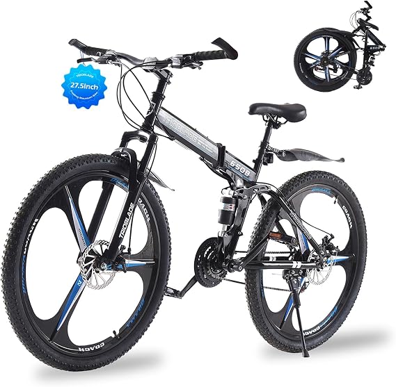 TRIOBLADE 24/26/27.5'' Folding Mountain Bike 21Speed Foldable Mountain Bicycle with Dual Disc Brakes 3 Spoke Wheels Mountain Bikes Dual Suspension Design for Adult Men Women