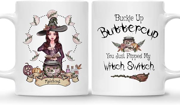Gossby Personalized Witch Coffee Mug for Women - Custom Gift for Friend, Sister, Mom, Grandma Halloween with Design, Name, Quote - 11oz 15oz Witchy Women Mug - Buckle Up Buttercup
