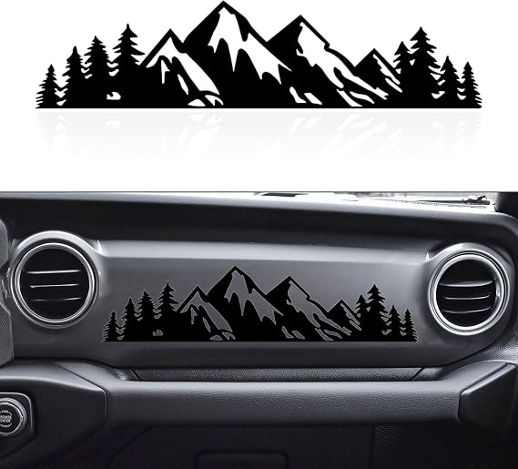 Zhizhong Dashboard Glove Box Decals for 2018-2023 Jeep Wrangler Gladiator | Matte Black Mountain Scene Tree Vinyl Sticker