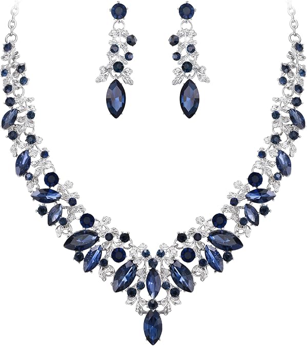BriLove Gorgeous Wedding Jewelry Set for Women, Stunning Shiny Rhinestone Crystal Marquise Leaf Cluster Statement Necklace Dangle Drop Earrings for Wedding Party Prom Accessories