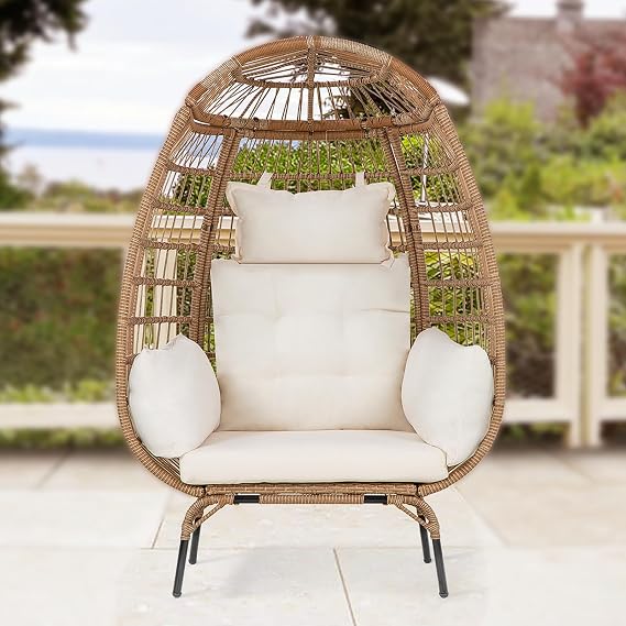 Egg Chair,Outdoor Egg Chair for Indoor,Standing Egg Chair with 4 White Comfort Cushion,352lb Capacity for Patio, Garden,Living,Bedroom,Balconysun Room or Porch(Steel Frame) (White)