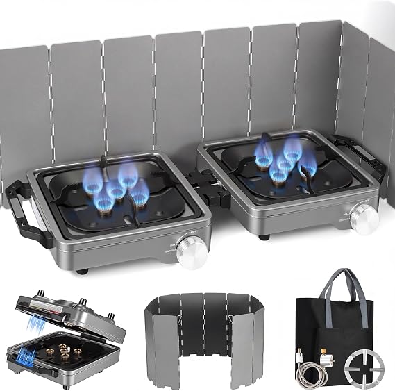 2-Burner Portable Propane Camping Stove,30000 BTU Foldable Gas Stove | Equipped with Windshield, Independently Adjustable Burners, Coffee Stand & Storage Carry Bag for Outdoor Cooking