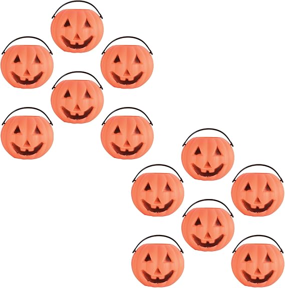 Beistle Mini Plastic Pumpkin Buckets 12 Pack, Small Orange Jack-O-Lantern Pails with Handles, Halloween Candy Containers & Tabletop Decor, Trick-or-Treat Accessories for Haunted House, 3" x 234"