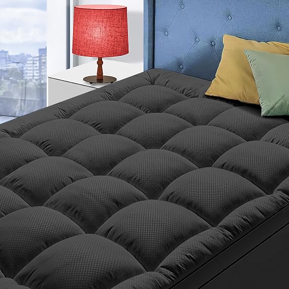 Queen Size Mattress Topper for Back Pain, Cooling Extra Thick Mattress Pad Cover with 8-21 inch Deep Pocket, Plush Pillow Top Mattress Topper Overfilled with Down Alternative, Queen Size, Black