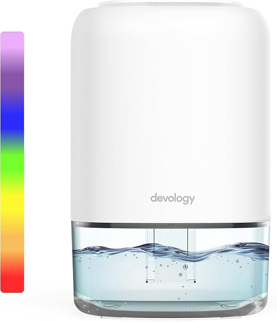 Portable Compact 1100ml Mini Dehumidifier - Electric Energy Efficient - Mould, Mildew, Damp & Condensation Remover for Home, Office, Garage - Super Quiet <30dB 7 LED Mood Lighting Colours