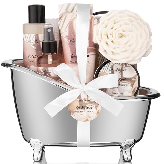 Aqua Elegante Bath Gift Basket For Women - Coconut & Vanilla | Luxury Spa Set with Body Wash, Bubble Bath, Lotion, Salts, Scrub, Spray, Shower Puff, Towel, Gifts for Women, Mom, Wife, Her