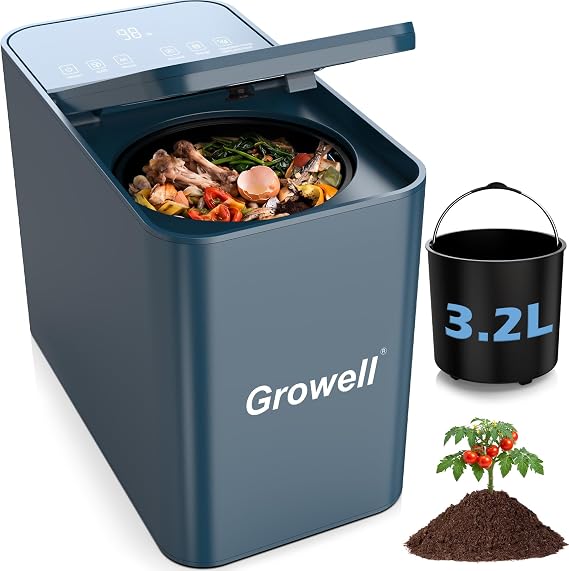Growell 3.2L Electric Composter, Countertop Food Waste Indoor Compost Bin | Kitchen Compost Machine,LED Display,Odorless & Low Noise,Auto-Clean,One-Touch Operation,Turns Waste to Fertilizer Quickly