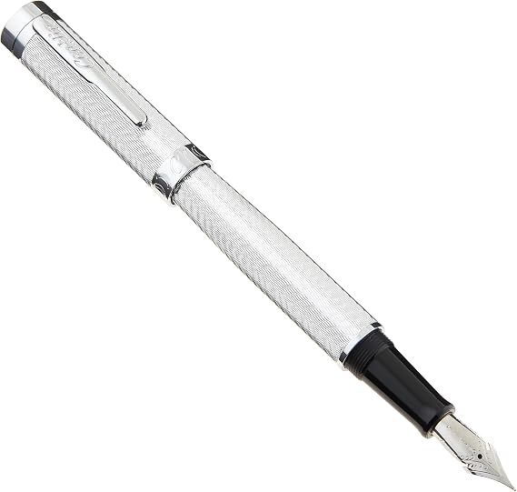 Conklin Herringbone Signature Fountain Pen - Flex JoWo Nib, Silver with Chrome Trim, Flexible Engraved Design, Refillable for Expressive Writing, Ideal for Pen Enthusiasts