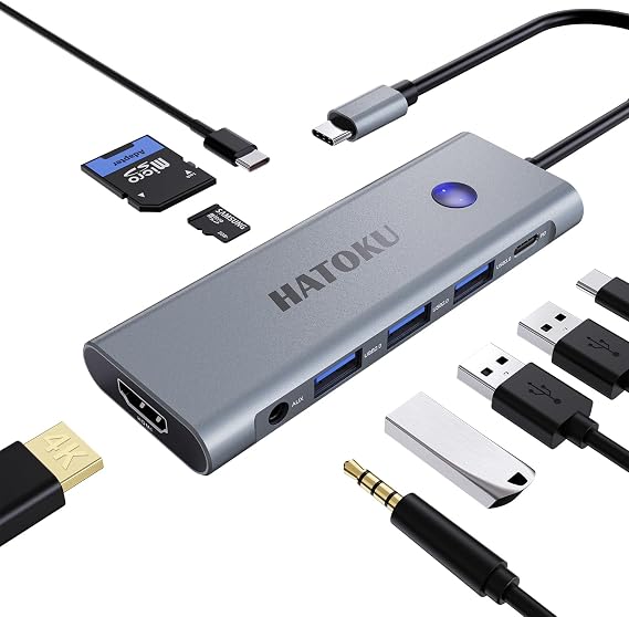HATOKU USB C Hub Hdmi Adaptörü: MacBook iPad Pro Air için 9'u 1 Arada USB Bağlantı İstasyonu - Tek Tıkla Ekranlı Dizüstü Bilgisayar Yuvası Açma Düğmesi - 4K@60Hz HDMI - 100W PD - SD TF Kart Okuyucu - Ses -